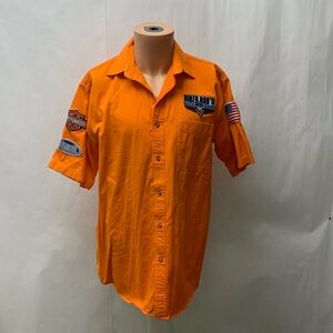 Jonathan Corey Orange Button garage shirt patches biker bob’s Harley flag Buell